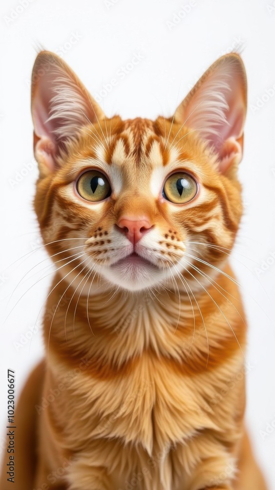 Curious ginger cat looking with attention on white background Curious ginger cat looking with attention on white background