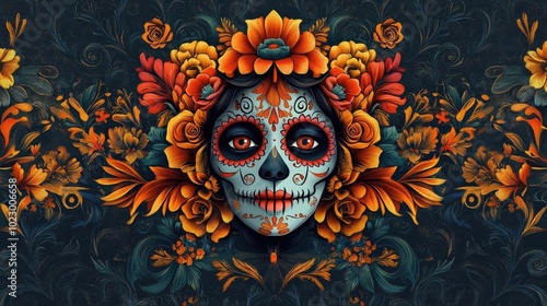 Vibrant skull artwork adorned with colorful flowers, representing tradition and culture in a captivating design.