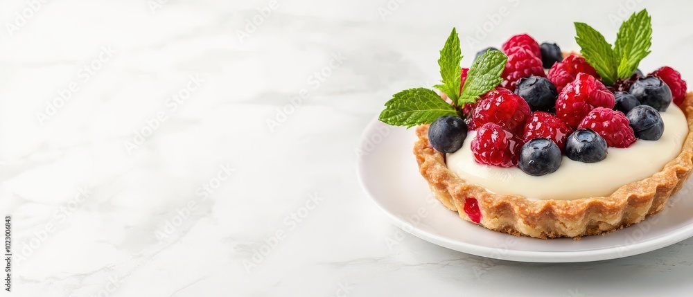 Berry tart with filling, decorated with fresh mint leaves, vibrant summer dessert Berry tart with filling, decorated with fresh mint leaves, vibrant summer dessert
