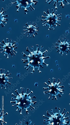 A blue background with many realistic, transparent blue viruses