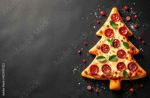 Christmas tree shaped pizza decorated with basil on dark background photo