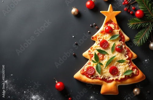Christmas tree shaped pizza is laying on black background