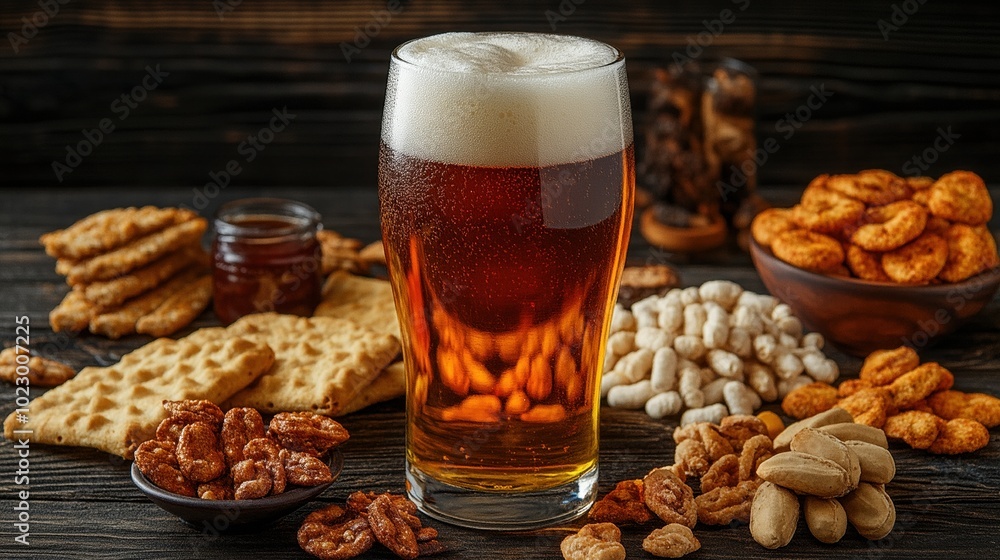 Beer. Alcoholic malt drink. A glass of beer with various snacks such as chips, crackers, nuts. Oktoberfest. Beer festival Beer. Alcoholic malt drink. A glass of beer with various snacks such as chips, crackers, nuts. Oktoberfest. Beer festival