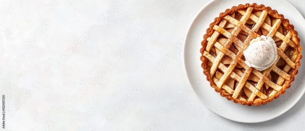 Traditional apple tart with lattice crust, cinnamon sprinkles, and a scoop of vanilla ice cream Traditional apple tart with lattice crust, cinnamon sprinkles, and a scoop of vanilla ice cream