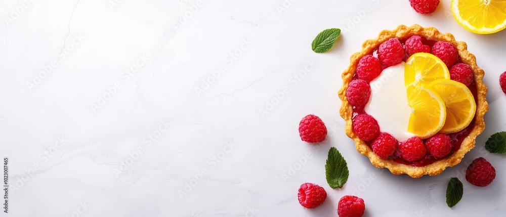 Lemon and raspberry tart with a shortbread base, bright citrus colors, elegant and fresh presentation Lemon and raspberry tart with a shortbread base, bright citrus colors, elegant and fresh presentation
