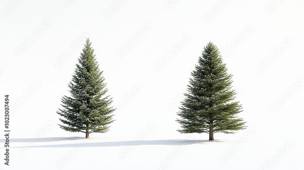 Obraz premium A single spruce tree stands out against a white backdrop. You can also see a fir, pine, and another spruce tree, all separate from the background. One of the spruce trees is shown from the side.