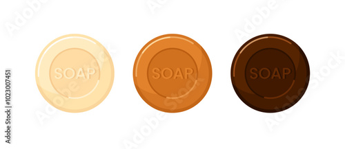 Round soap bar pieces for bath, shower and spa. Body and hand solid soap with vanilla, cinnamon, caramel, coffee and chocolate, vector flat cartoon illustrations isolated on white background