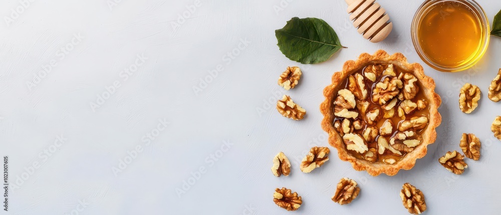 Honey walnut tart drizzled with honey and topped with crushed walnuts Honey walnut tart drizzled with honey and topped with crushed walnuts