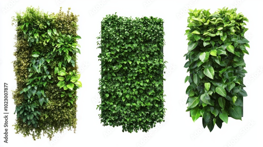 Naklejka premium Set of three green garden walls with dense foliage against an isolated white background