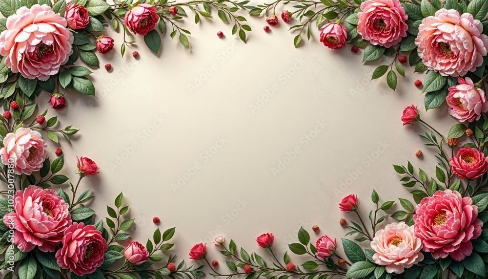 Fototapeta premium A frame of pink roses and green leaves on a white background