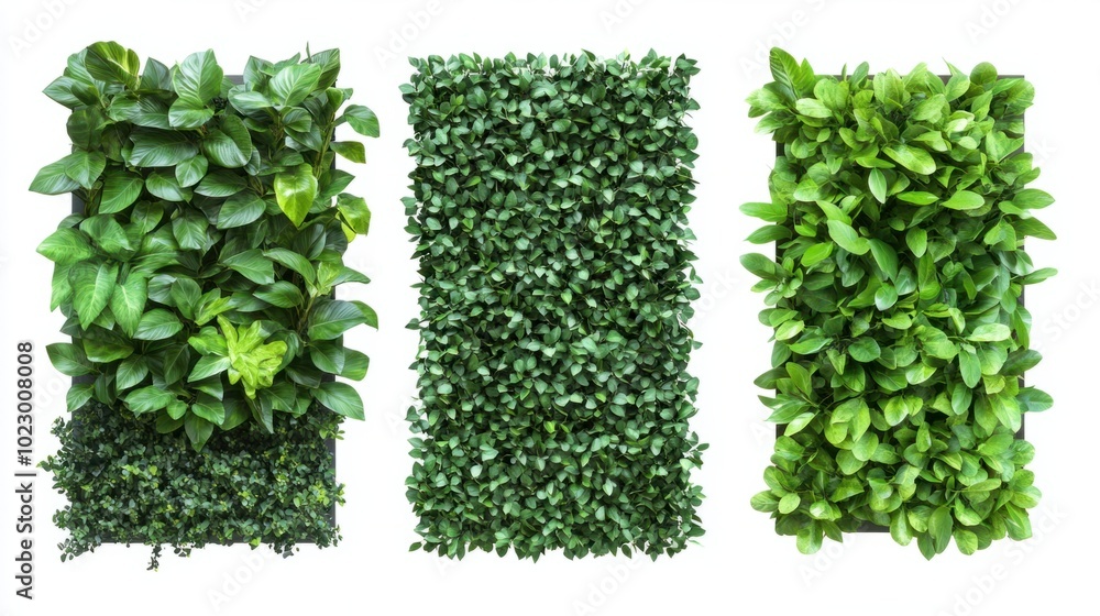 Naklejka premium Set of three green garden walls with dense foliage against an isolated white background