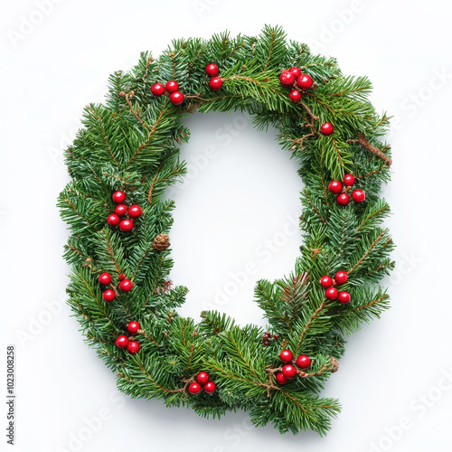 Christmas alphabet letter Q made of fresh green fluffy branches and red berries. Clean background. Generative AI