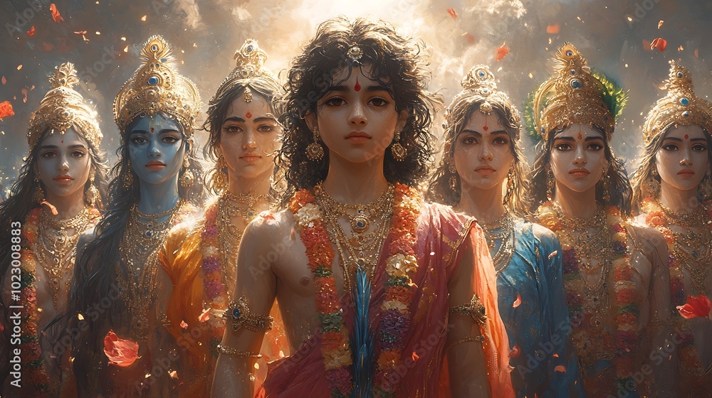 Fototapeta premium The Seven Forms of Krishna - A Divine Representation of the Hindu Deity.
