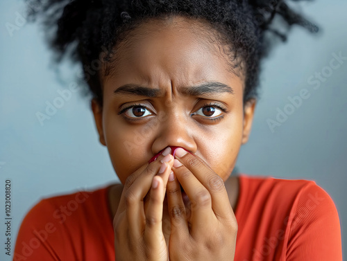 A woman with a red shirt is looking at the camera with her eyes wide open. She is in a state of shock or surprise