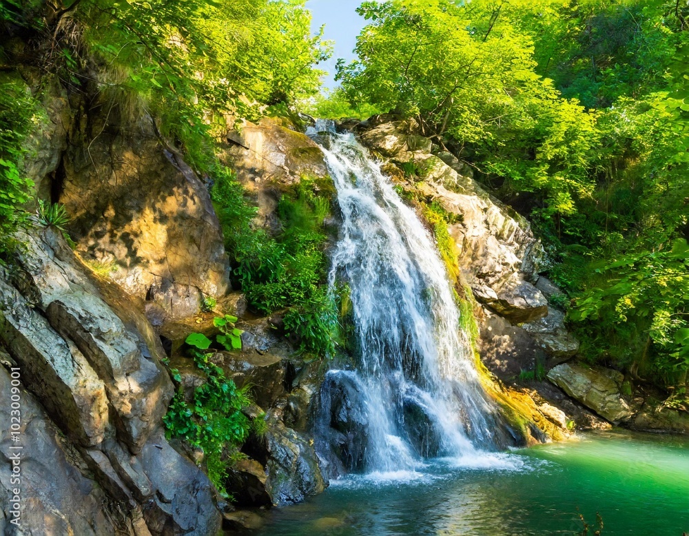 Naklejka premium Crystal Clear Waterfall Cascading Down a Rocky Cliffside, Surrounded by Lush Green Trees and Vibrant Flora, Bathed in the Soft Light of Early Morning Sunshine