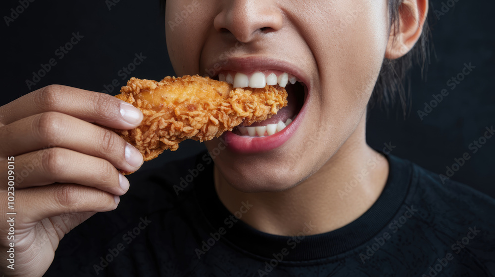 A woman is eating a piece of fried chicken. She is holding the chicken in her hand and is about to take a bite A woman is eating a piece of fried chicken. She is holding the chicken in her hand and is about to take a bite