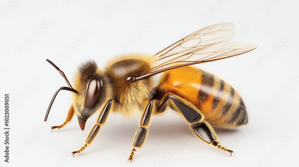 Detailed close-up illustration of a honey bee with transparent wings and striped body, isolated on white background Detailed close-up illustration of a honey bee with transparent wings and striped body, isolated on white background