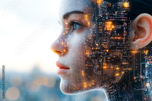 A futuristic digital portrait of a human-like AI with embedded circuits, symbolizing technology and intelligence convergence.