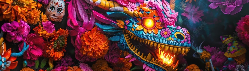 Fototapeta premium A vibrant dragon adorned with flowers and skulls, celebrating cultural traditions and artistry in a colorful, mystical setting.