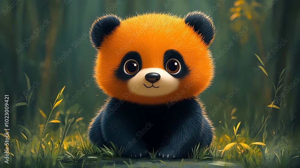 Adorable red panda cub sitting in a green forest with a cute expression. Adorable red panda cub sitting in a green forest with a cute expression.