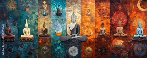Vibrant Multi-Colored Buddha Mosaic Art