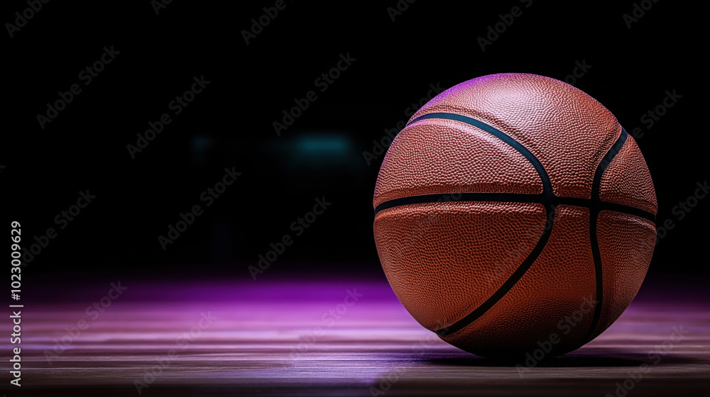 Close-up view of a basketball on a wooden court with a purple spotlight, set against a dark background. Close-up view of a basketball on a wooden court with a purple spotlight, set against a dark background.