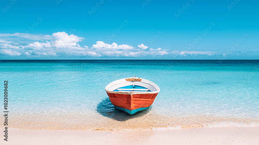 Vibrant wooden boat rests on a pristine beach with clear turquoise waters and a bright blue sky. Vibrant wooden boat rests on a pristine beach with clear turquoise waters and a bright blue sky.