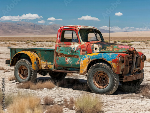 A colorful truck is parked in a desert. The truck is old and rusty, and it is surrounded by a dry, barren landscape. Concept of nostalgia and a feeling of being in a place far from civilization