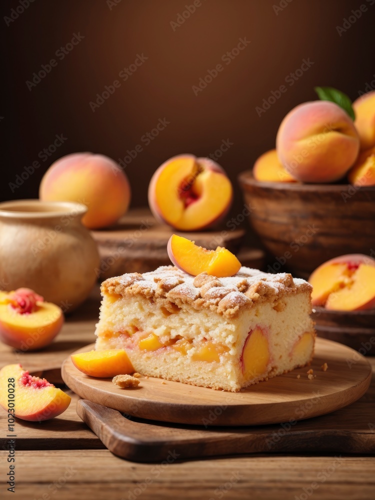 Homemade peach cake on wooden table in brown background. Peach cake slice with powdered sugar on wooden surface Homemade peach cake on wooden table in brown background. Peach cake slice with powdered sugar on wooden surface