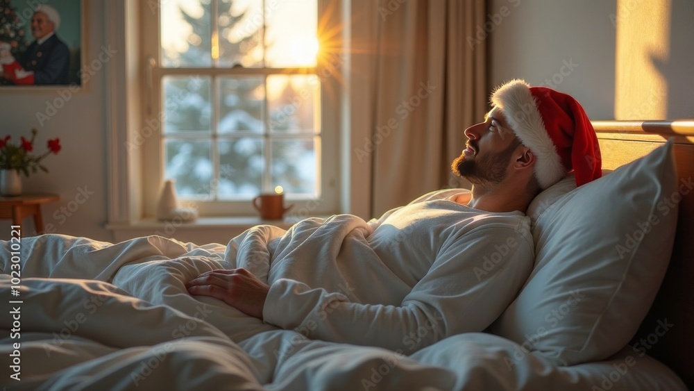 A man wearing a Santa hat wakes up in bed A man wearing a Santa hat wakes up in bed
