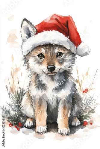 Hand drawn watercolor image of a cute wolf cub wearing a santa hat. ai generated