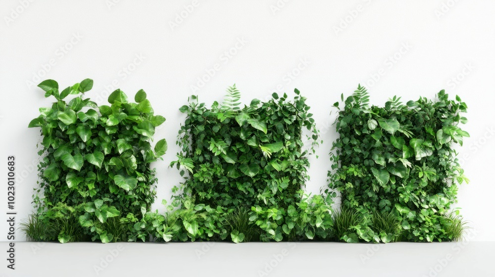 Fototapeta premium Three garden walls with vibrant green plants against a solid white background