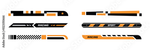 Sport Racing Tuning Stripes Vector Flat Set on White Background. Design with Arrows, Star, and Geometric Shapes, Checkered Pattern and Lines for Sport Cars, Moto, Bots.