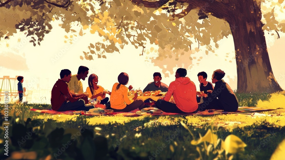 A group of friends enjoying a picnic under a tree, sharing food and laughter. A group of friends enjoying a picnic under a tree, sharing food and laughter.