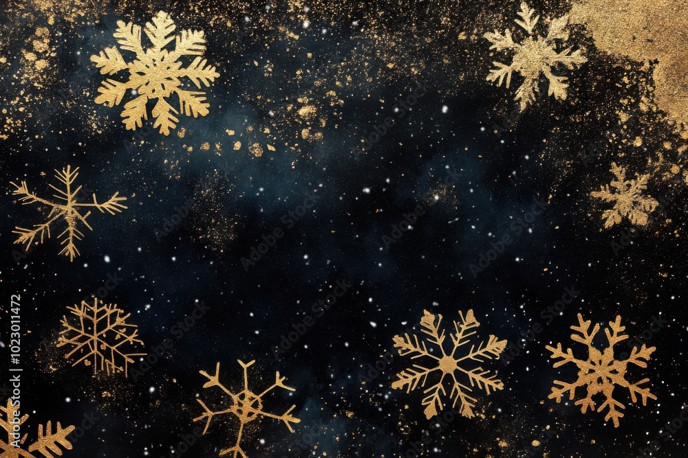 Elegant winter background with gold snowflakes and starry night sky for festive greetings Elegant winter background with gold snowflakes and starry night sky for festive greetings
