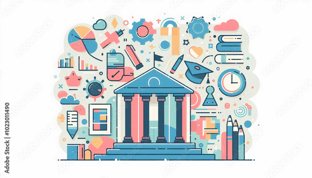 Illustration of a library of knowledge with various academic icons, representing learning, research, and education Illustration of a library of knowledge with various academic icons, representing learning, research, and education