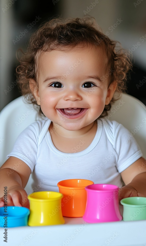 A smiling baby playing with colorful cups. A smiling baby playing with colorful cups.