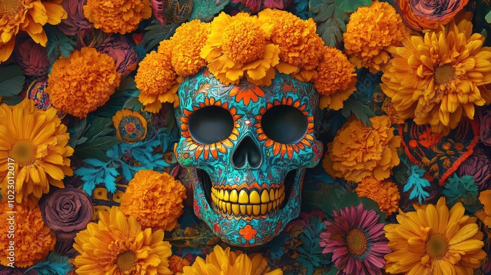 A vibrant sugar skull adorned with bright marigolds, representing cultural celebration and artistic expression in colorful floral design. A vibrant sugar skull adorned with bright marigolds, representing cultural celebration and artistic expression in colorful floral design.