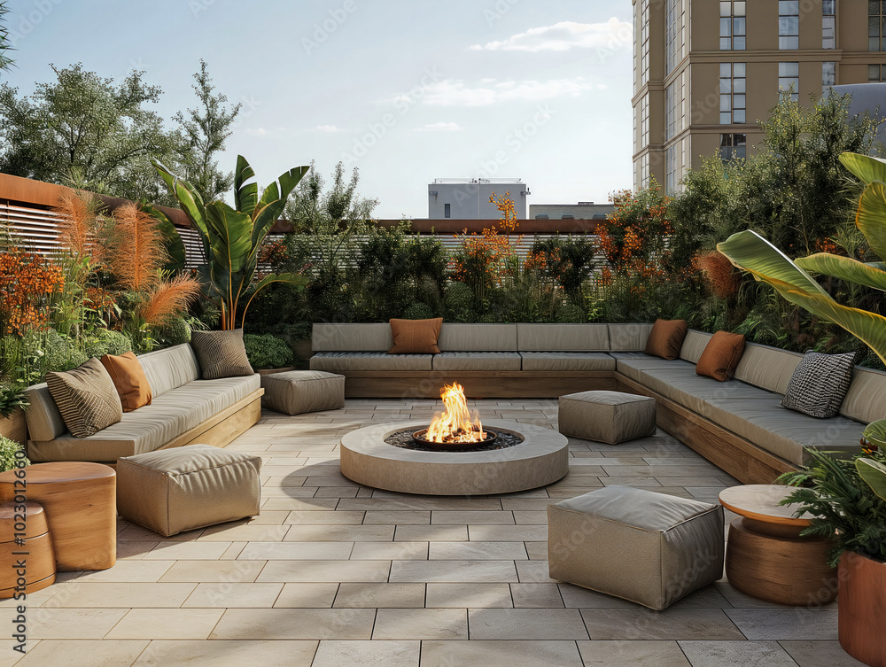 A large patio with a fire pit in the center surrounded by comfortable seating. The fire pit is surrounded by a variety of potted plants and a few benches. The patio is designed to be a relaxing
