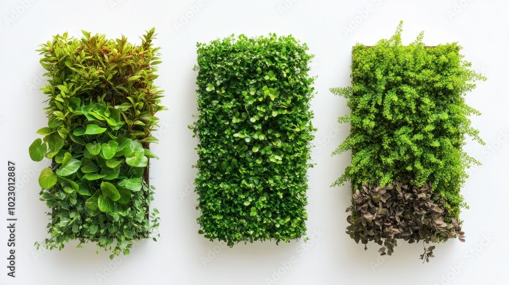 Naklejka premium Three lush vertical green garden walls isolated on a clear white backdrop