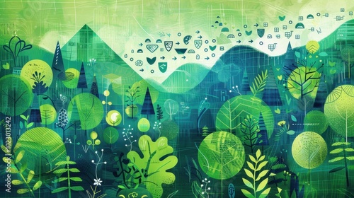 Illustration Carbon sequestration in interconnected ecosystems with recycling symbols photo