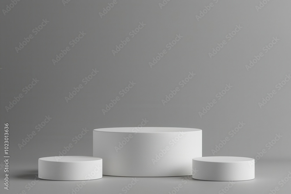 Minimalistic display scene featuring three round platforms against a soft gray background for showcasing products or art Minimalistic display scene featuring three round platforms against a soft gray background for showcasing products or art