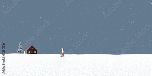 Minimalist snowscape at night have a woman holding a lot of shopping bags walking back to home graphic illustration.