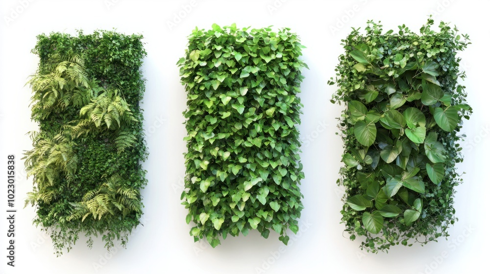Naklejka premium Three vertical garden walls featuring dense greenery isolated on a plain white background
