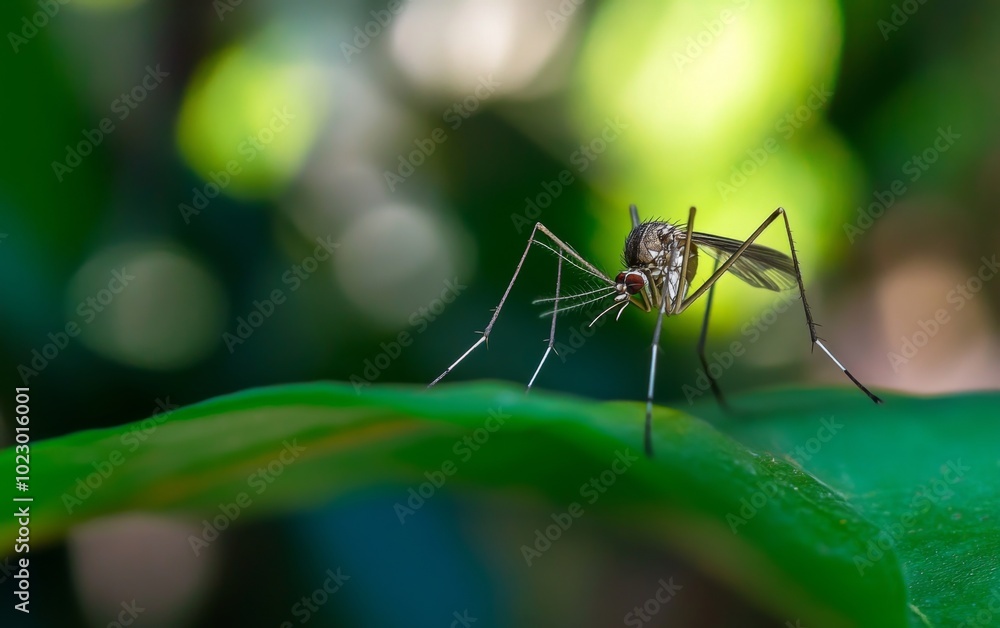 A Detailed View of a Mosquito Resting on a Leaf in a Tropical Forest, Highlighting Its Crucial Role in Virus Transmission, with a Shallow Depth of Field Creating a Dramatic Effect. A Detailed View of a Mosquito Resting on a Leaf in a Tropical Forest, Highlighting Its Crucial Role in Virus Transmission, with a Shallow Depth of Field Creating a Dramatic Effect.