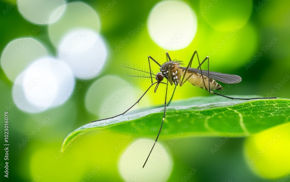 A Detailed View of a Mosquito Resting on a Leaf in a Tropical Forest, Highlighting Its Crucial Role in Virus Transmission, with a Shallow Depth of Field Creating a Dramatic Effect. A Detailed View of a Mosquito Resting on a Leaf in a Tropical Forest, Highlighting Its Crucial Role in Virus Transmission, with a Shallow Depth of Field Creating a Dramatic Effect.