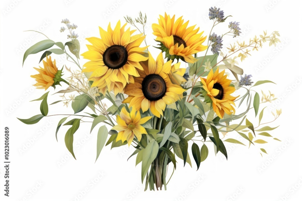 Obraz premium Botanical illustration sunflower bouquet plant inflorescence asteraceae.