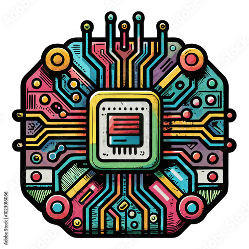 Colorful Circuit Board Illustration Featuring Intricate Connections and Patterns