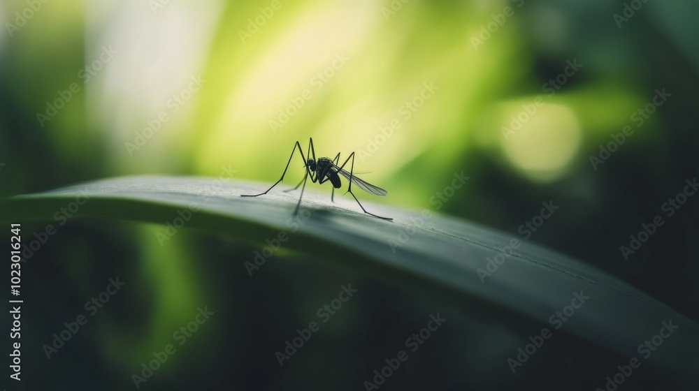 A Detailed View of a Mosquito Resting on a Leaf in a Tropical Forest, Highlighting Its Crucial Role in Virus Transmission, with a Shallow Depth of Field Creating a Dramatic Effect. A Detailed View of a Mosquito Resting on a Leaf in a Tropical Forest, Highlighting Its Crucial Role in Virus Transmission, with a Shallow Depth of Field Creating a Dramatic Effect.