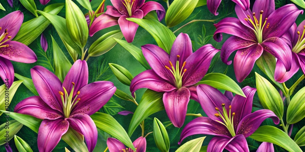 Lovely seamless design of rich purple lilies, tailored for food photography backgrounds. An exquisite touch that elevates your culinary visuals with its vibrant floral aesthetic. Lovely seamless design of rich purple lilies, tailored for food photography backgrounds. An exquisite touch that elevates your culinary visuals with its vibrant floral aesthetic.